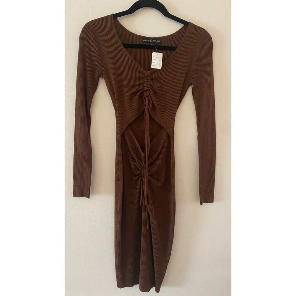 Almost Famous Brown Cutout Tie V Neck Dress Cinched Women's Sz Small